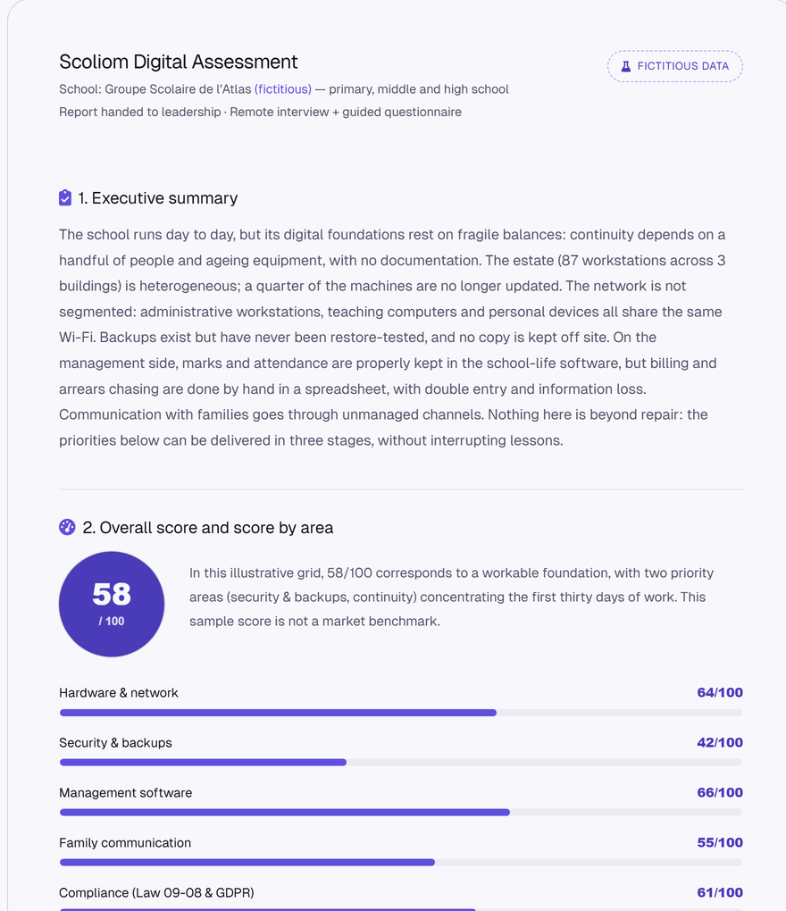 First page of the assessment report: executive summary, an overall score of 58 out of 100 and a score by area (sample on fictional data)