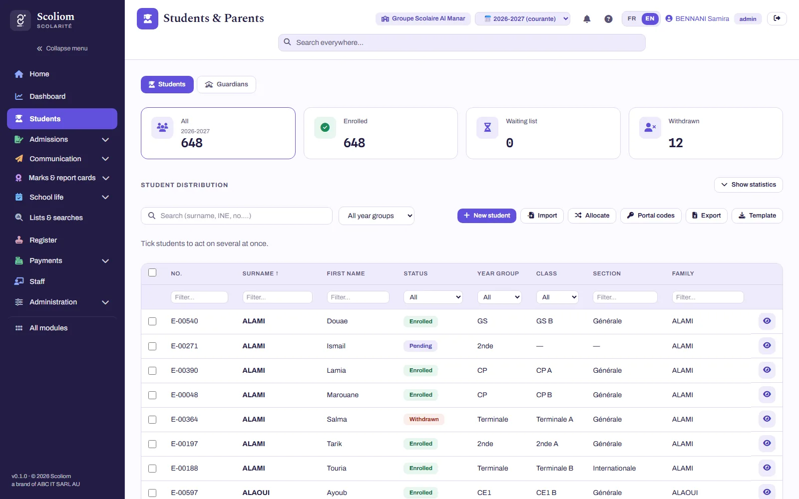 Student list in Scoliom Scolarité, in English: counts of enrolled, waiting-list and withdrawn students, then each student with their number, status, year group, class, section and family, and the New student, Import, Allocate, Portal codes, Export and Template buttons (sample data)
