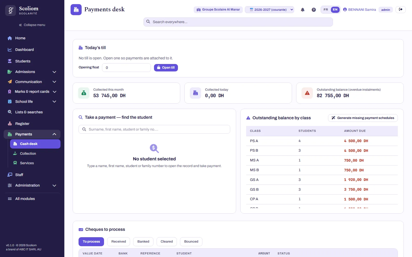 Payments desk and receipts — real screenshot of Scoliom Scolarité