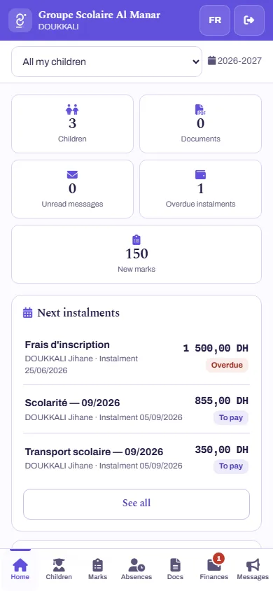 Home screen of the family space on a phone, in English: “All my children” selector, three children, documents, unread messages, one overdue instalment, new marks, and the list of next instalments (sample data)
