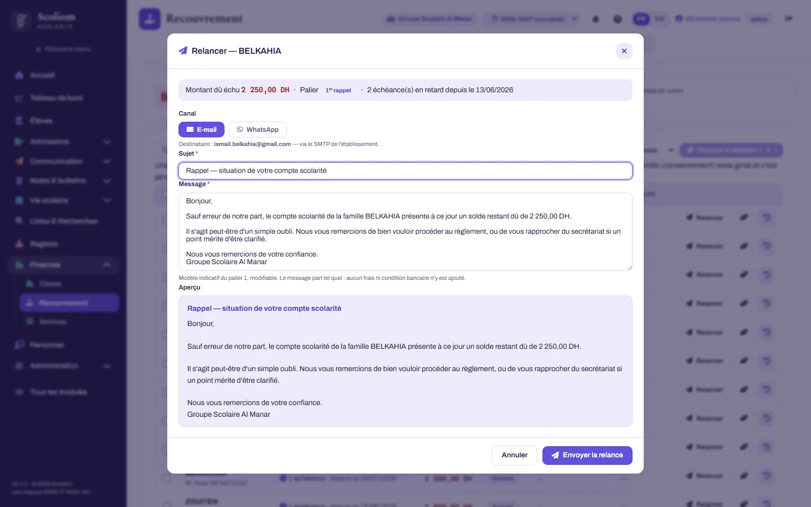 Preview before sending a reminder in Scoliom: the message template matching the stage, sent from the school's own mailbox (fictional data)