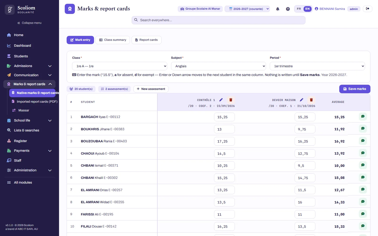 Entering marks: assessments with their scale and weighting, averages updated live — real screenshot of Scoliom Scolarité