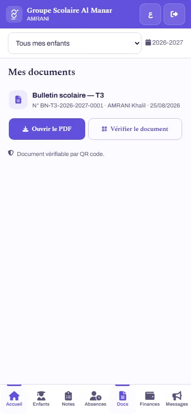 Report card in the family space on a phone — real screenshot of Scoliom Scolarité