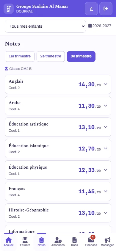 Marks tab of the family space on a phone — real screenshot of Scoliom Scolarité