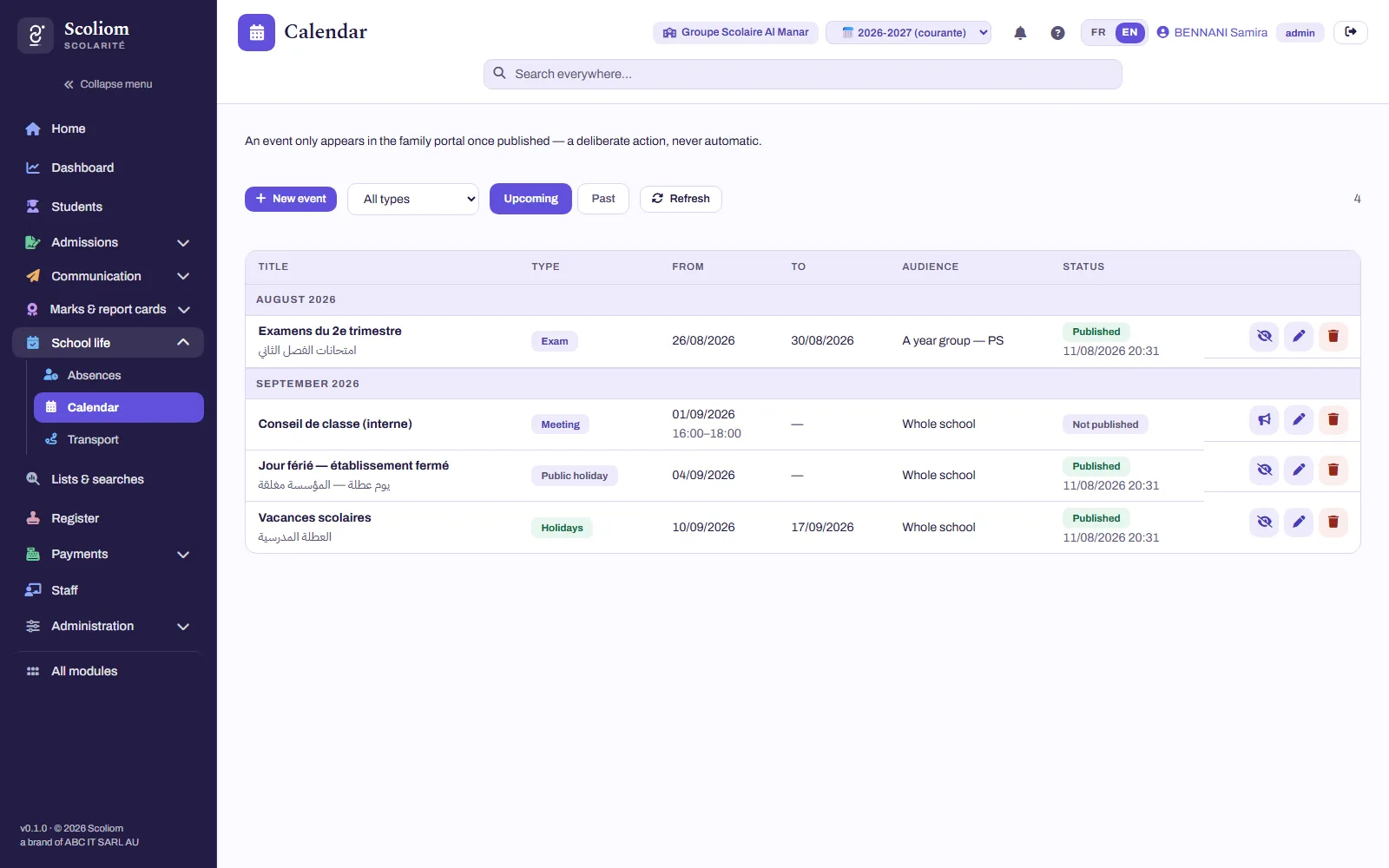 The school calendar in Scoliom: seven events grouped by month — meeting, school trip, examination, public holiday, holidays — each with its title, its audience (whole school, one year group, a single class) and whether it is published or not (sample data)
