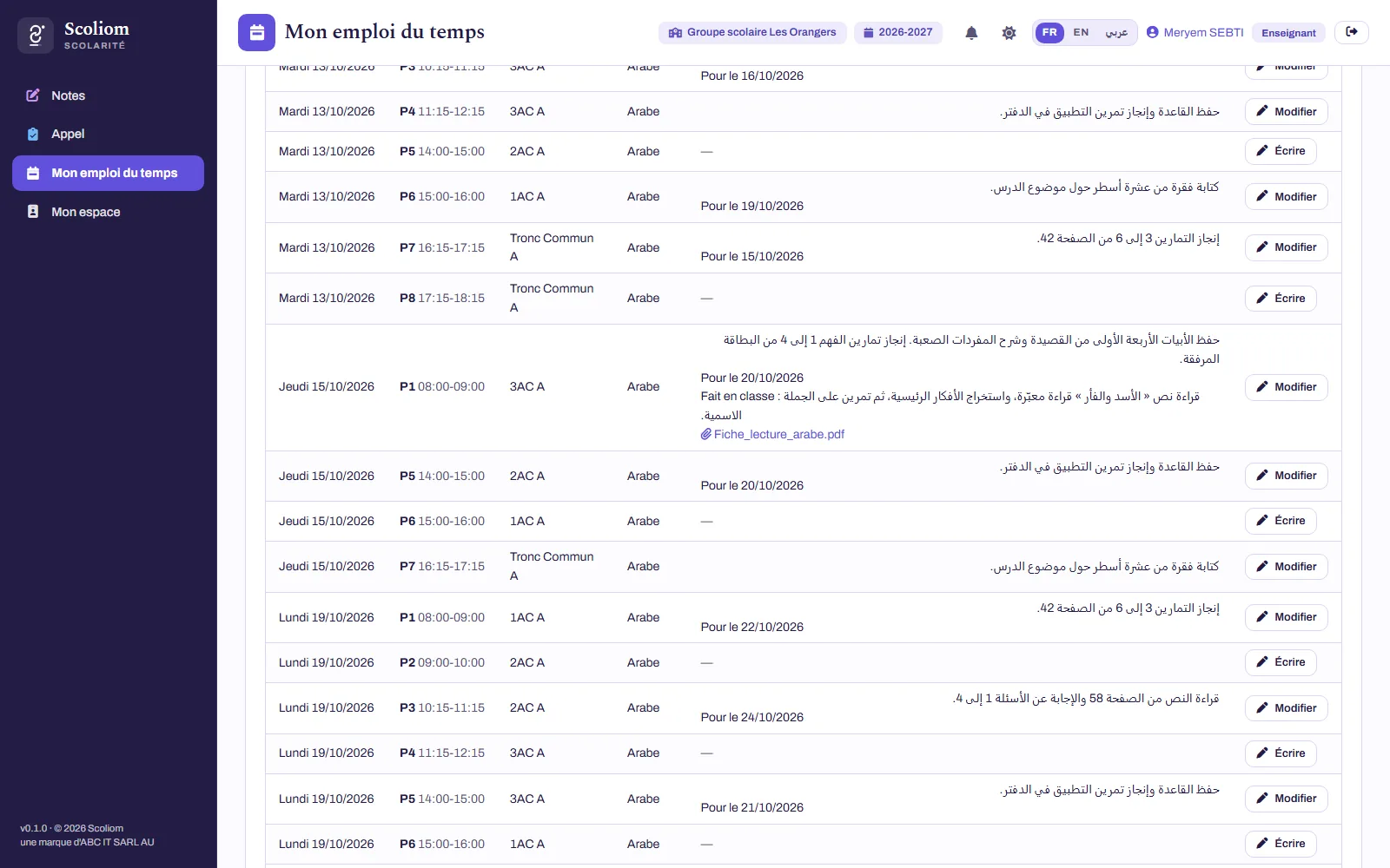 « Mon emploi du temps » d'une professeure d'arabe : cours datés, travail à faire et date de rendu, et un cours complet avec ce qui a été fait en classe et sa pièce jointe — données fictives