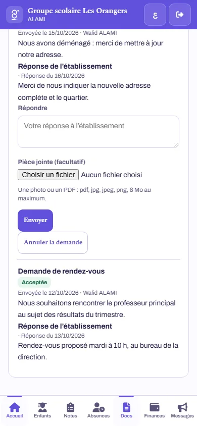 Suivi d'une demande de rendez-vous acceptée, avec la réponse écrite de l'école — données fictives