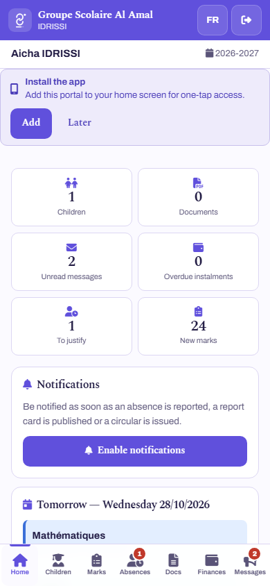 The family space of a Scoliom demo, on a phone: children, documents, unread messages, overdue instalments, absences to justify, new marks, and tomorrow's timetable